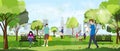 Morning city park with happy family having fun,girl walking the dog, young boy talking on phone,man reading news paper and women Royalty Free Stock Photo