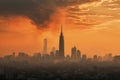 Morning city shrouded in smog, sunrise tainted by air pollution. Royalty Free Stock Photo