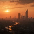 Morning city shrouded in smog, sunrise tainted by air pollution. Royalty Free Stock Photo