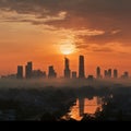 Morning city shrouded in smog, sunrise tainted by air pollution. Royalty Free Stock Photo