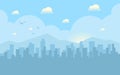 Morning city skyline. Buildings silhouette cityscape with mountains. Big city streets. Blue sky with sun and clouds. Royalty Free Stock Photo