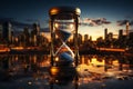 Morning cityscape with hourglass, representing modern life and time management