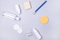 Morning Clean Concept Oral Cavity Teeth Toothbrush Cream Cotton Buds Cotton Sponge Top View Flat Lay Blue Background