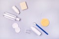 Morning Clean Concept Oral Cavity Teeth Toothbrush Cream Cotton Buds Cotton Sponge Top View Flat Lay Blue Background