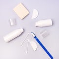 Morning Clean Concept Oral Cavity Teeth Toothbrush Cream Cotton Buds Cotton Sponge Top View Flat Lay Blue Background