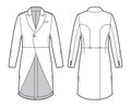 Morning coat jacket technical fashion illustration with long sleeves, peaked lapel collar, cutaway front, welt pocket.