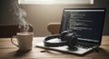 Morning coding session with coffee and headphones Royalty Free Stock Photo