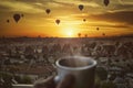 Morning coffe , Hot air balloons and amazing beautiful sunrise