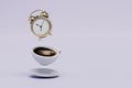 morning coffee. alarm clock and cup of coffee on a white background. copy paste, copy space. 3D render