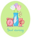 morning coffee, alarm clock and vase of flowers