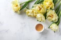 Morning coffee and beautiful bunch of tulip flowers on white stone table top view. Flat lay style. Cozy breakfast on Mother day