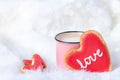 Morning Coffee in bed with Heart shaped Cookies for St Valentine day