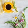 Morning coffee in bright yellow cup, napkin. Fresh garden pink and white tulips, Royalty Free Stock Photo