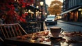 Morning coffee at a bustling city cafe with cars and a vibrant urban view. Enjoy the cityscape as you sip your latte