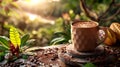 Morning coffee with cacao pods Royalty Free Stock Photo