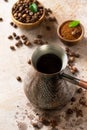 Morning coffee concept. Turkish coffee in Turk and coffee beans.