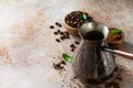 Morning coffee concept. Turkish coffee in Turk and coffee beans.