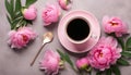 Morning coffee cup for breakfast, empty notebook and pink peony flowers on pink stone table top view in flat lay style Royalty Free Stock Photo