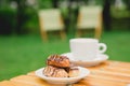 Morning coffee. Cup coffee in park Royalty Free Stock Photo