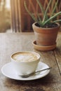 Morning coffee cup latte hot drink on rustic wood table background with small potted cactus succulent plant Aloe vera Royalty Free Stock Photo