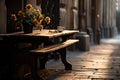 Morning Coffee Cup on Table in the Charming Streets of Historic Town with Blooming Flowers