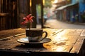 Morning Coffee Cup on Table in the Narrow Streets of Old City adorned with Vibrant Flowers