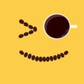 morning coffee, cup of wake up black coffee as eye with smiling coffee beans yellow background