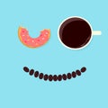 Morning coffee, cup of wake up black coffee and sweet bite doughnut as eyes with smiling coffee beans on blue background,