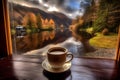 Morning coffee cup on windowsill in a house with autumnal riverside view, neural network generated photorealistic image