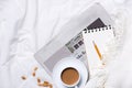 Morning Coffee and Diary with wooden pencil on cloth top view, w Royalty Free Stock Photo