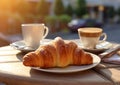 Morning coffee with fresh crispy croissant in summer cafe.Macro.Ai Generative