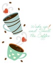 Morning coffee love, with red heart and coffee cups design