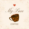 Morning coffee love, with red heart design. International coffee day 1st October poster, greeting card