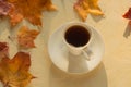 Morning coffee with maple leaves on light background. Fall time Royalty Free Stock Photo