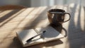 Morning Coffee and Notebook on Wooden Table Royalty Free Stock Photo