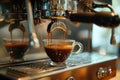 Morning coffee is poured into the cup from professional espresso machine Royalty Free Stock Photo