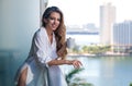 Morning coffee. Sensual woman enjoy coffee at terrace balcony on summer vacation time. Elegant woman drinking coffee at Royalty Free Stock Photo