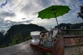 Morning coffee set Leisure corner Views of the mountains and fog Royalty Free Stock Photo