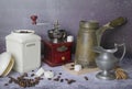 Morning coffee still life with coffee grinder, cezve, milk jug, etc Royalty Free Stock Photo