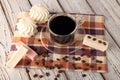 Morning coffee with a sweet dessert, cranberry marshmallow and vanilla marshmallow. Royalty Free Stock Photo