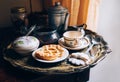 Morning coffee with vintage kitchen props and homemade cookies Royalty Free Stock Photo