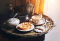 Morning coffee with vintage kitchen props and homemade cookies Royalty Free Stock Photo