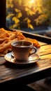 Morning coffee and warmth A wooden table Royalty Free Stock Photo