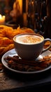 Morning coffee and warmth A wooden table Royalty Free Stock Photo