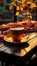 Morning coffee and warmth A wooden table Royalty Free Stock Photo