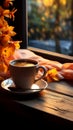 Morning coffee and warmth A wooden table Royalty Free Stock Photo