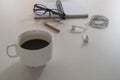 Morning coffee White cup on White wooden table. Royalty Free Stock Photo