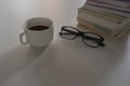 Morning coffee White cup on White wooden table. light and Shadow Royalty Free Stock Photo