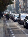 Morning commuters going to work by bicycle