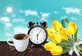 Morning cup of coffee and allarm Vector realistic. Tulip flowers bouquet. Spring summer season card illustrations Royalty Free Stock Photo